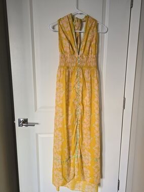 Shoshanna Yellow Floral Halter Maxi Dress 100% Cotton